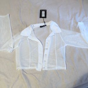 White PrettyLittleThing Cropped Mesh Button Shirt